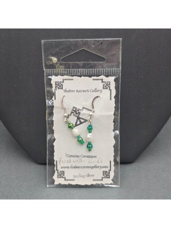 Shadow Raven's Gallery Jewelry - Handcrafted Sterling Silver Freshwater Pearl Green Glass Dangle Earrings 1.5"